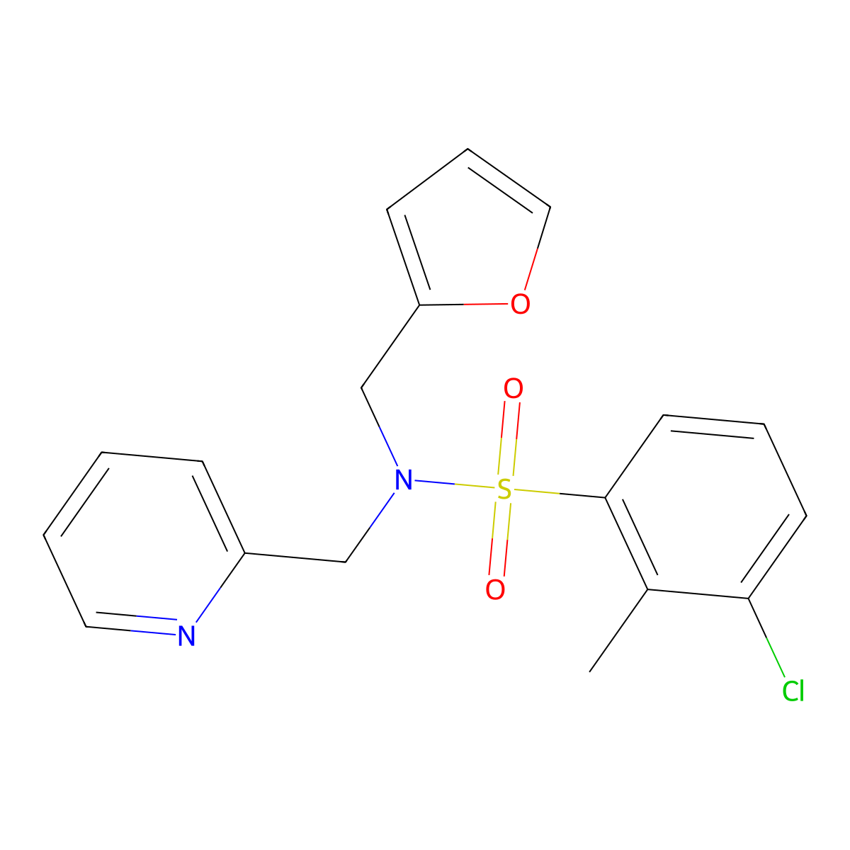 3-chloro-N-(furan-2-ylmethyl)-2-methyl-N-(pyridin-2-ylmethyl)benzenesulfonamide molecular structure, CAS 1286724-35-3