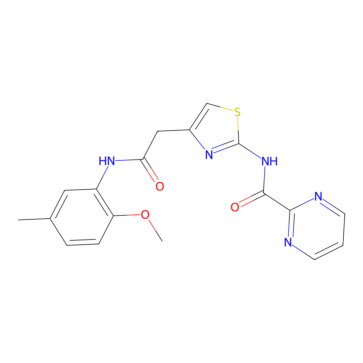 N-(4-(2-((2-methoxy-5-methylphenyl)amino)-2-oxoethyl)thiazol-2-yl)pyrimidine-2-carboxamide molecular structure, CAS 1286724-36-4