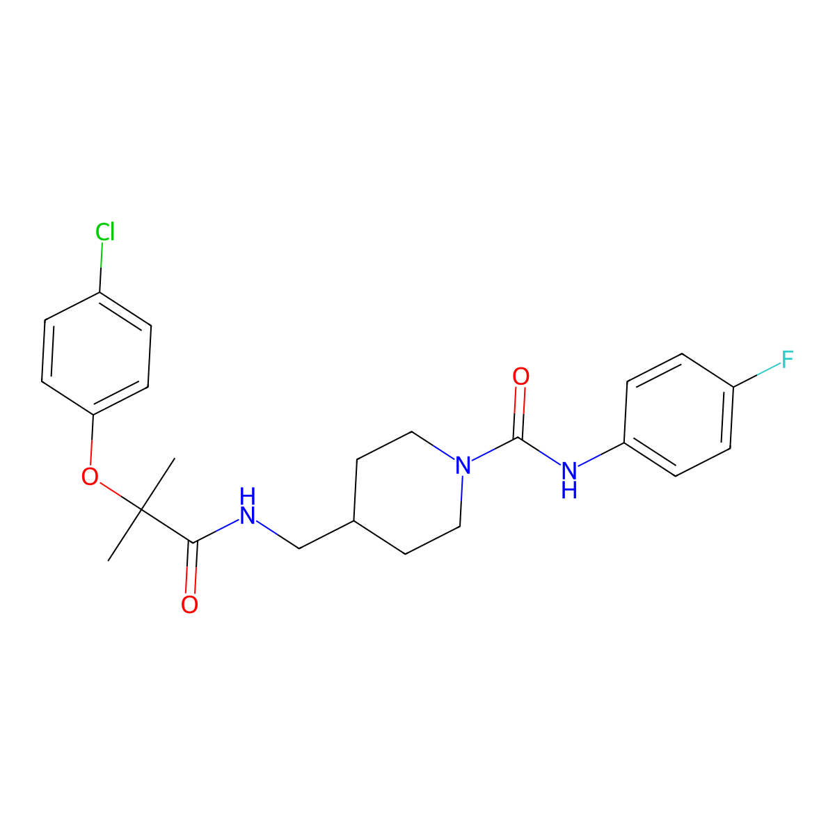 4-((2-(4-chlorophenoxy)-2-methylpropanamido)methyl)-N-(4-fluorophenyl)piperidine-1-carboxamide molecular structure, CAS 1286724-52-4
