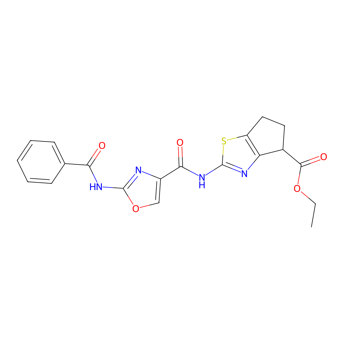ethyl 2-(2-benzamidooxazole-4-carboxamido)-5,6-dihydro-4H-cyclopenta[d]thiazole-4-carboxylate molecular structure, CAS 1286724-56-8