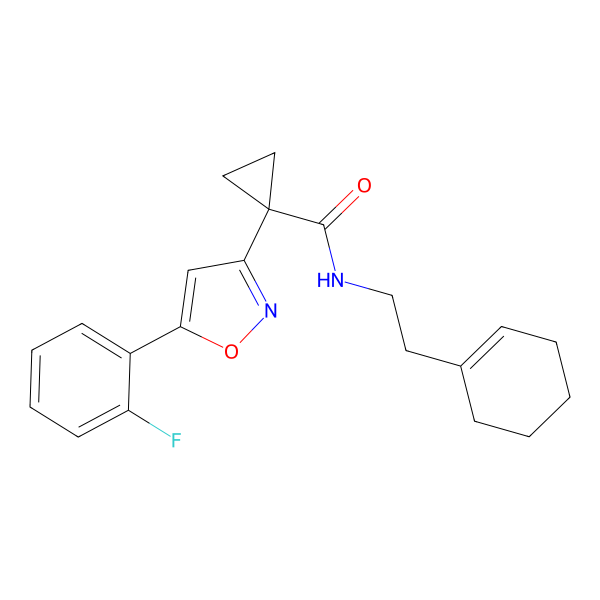N-(2-(cyclohex-1-en-1-yl)ethyl)-1-(5-(2-fluorophenyl)isoxazol-3-yl)cyclopropanecarboxamide molecular structure, CAS 1286724-58-0