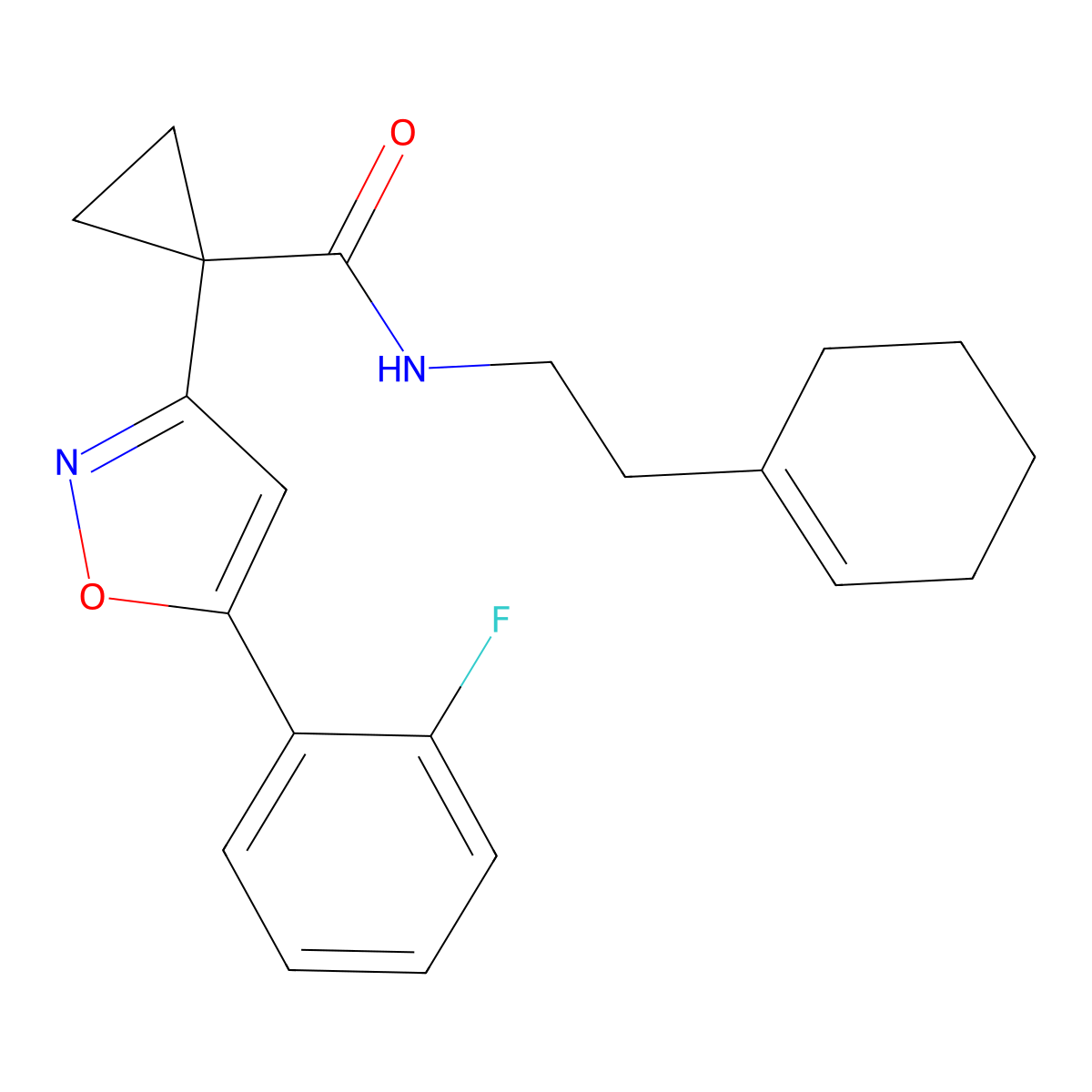 N-(2-(cyclohex-1-en-1-yl)ethyl)-1-(5-(2-fluorophenyl)isoxazol-3-yl)cyclopropanecarboxamide molecular structure, CAS 1286724-58-0