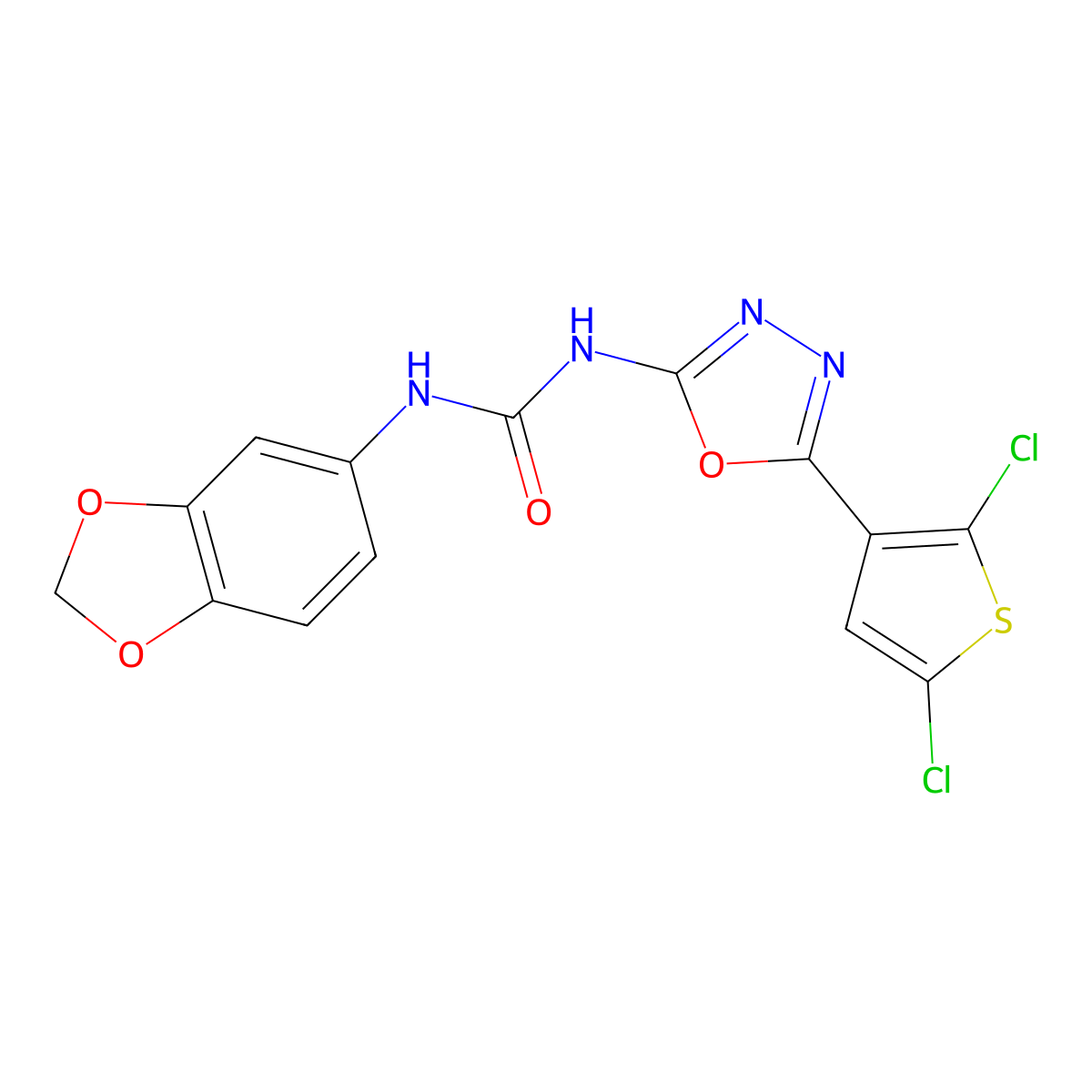 1-(Benzo[d][1,3]dioxol-5-yl)-3-(5-(2,5-dichlorothiophen-3-yl)-1,3,4-oxadiazol-2-yl)urea molecular structure, CAS 1286724-75-1