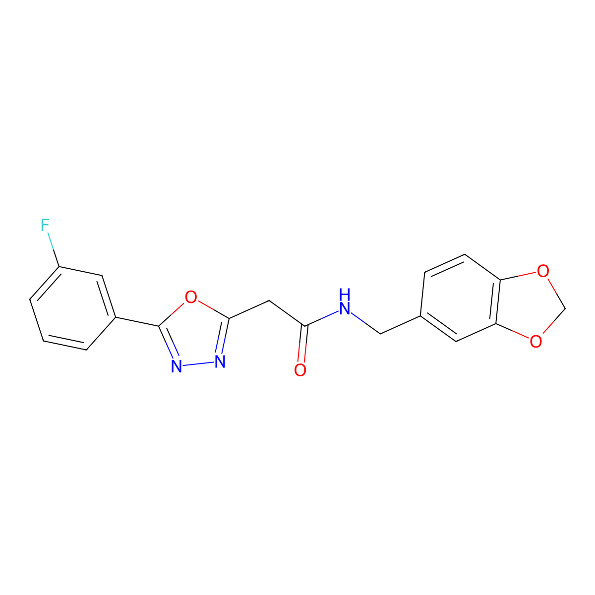 N-(benzo[d][1,3]dioxol-5-ylmethyl)-2-(5-(3-fluorophenyl)-1,3,4-oxadiazol-2-yl)acetamide molecular structure, CAS 1286724-78-4