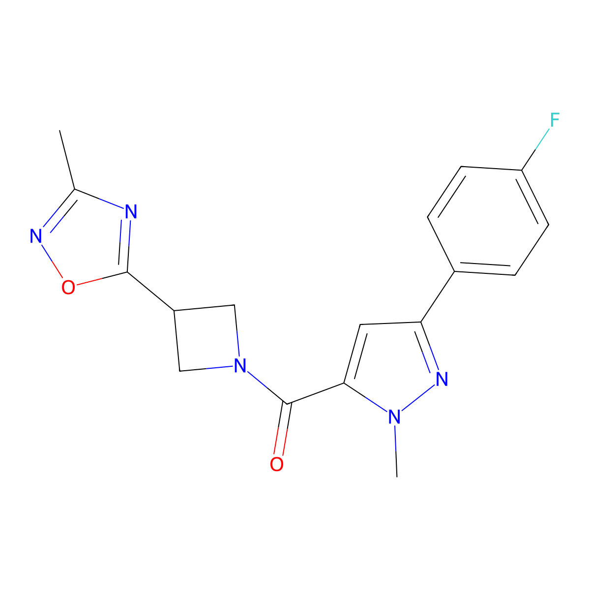 (3-(4-fluorophenyl)-1-methyl-1H-pyrazol-5-yl)(3-(3-methyl-1,2,4-oxadiazol-5-yl)azetidin-1-yl)methanone molecular structure, CAS 1286724-89-7