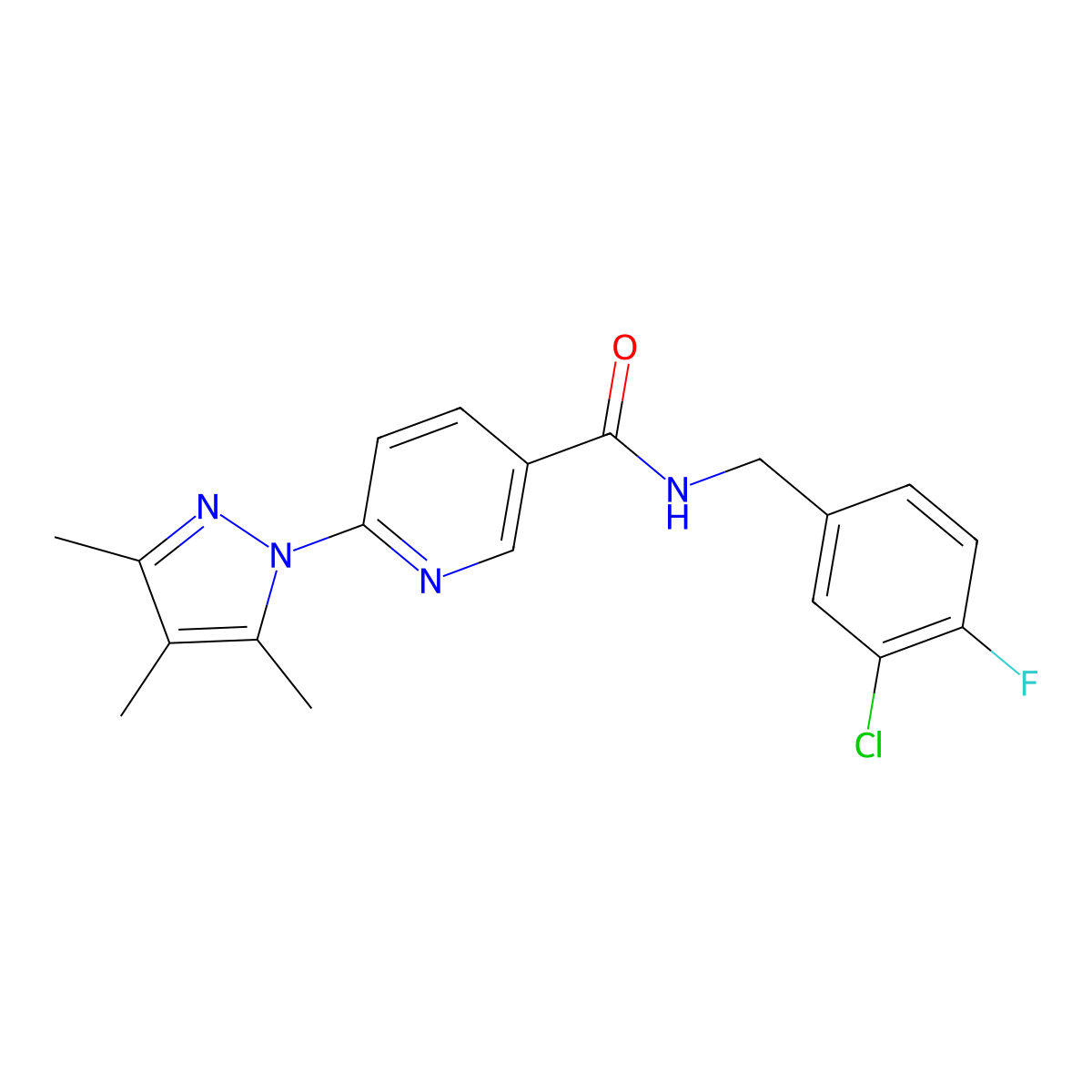 N-(3-chloro-4-fluorobenzyl)-6-(3,4,5-trimethyl-1H-pyrazol-1-yl)nicotinamide molecular structure, CAS 1286725-01-6