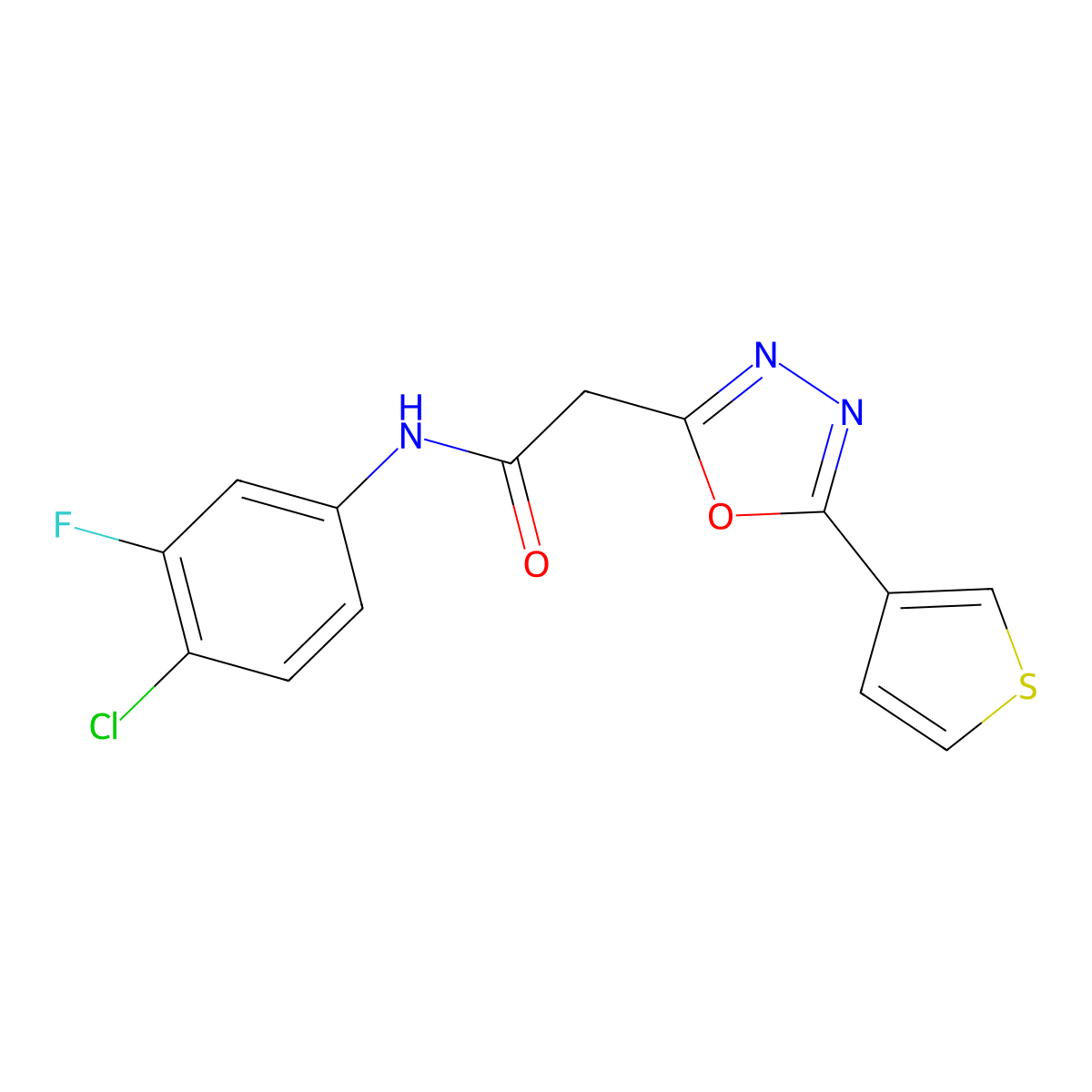 N-(4-chloro-3-fluorophenyl)-2-[5-(thiophen-3-yl)-1,3,4-oxadiazol-2-yl]acetamide molecular structure, CAS 1286725-16-3