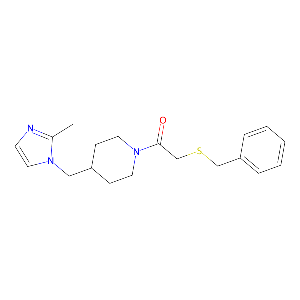 2-(benzylthio)-1-(4-((2-methyl-1H-imidazol-1-yl)methyl)piperidin-1-yl)ethanone molecular structure, CAS 1286725-18-5