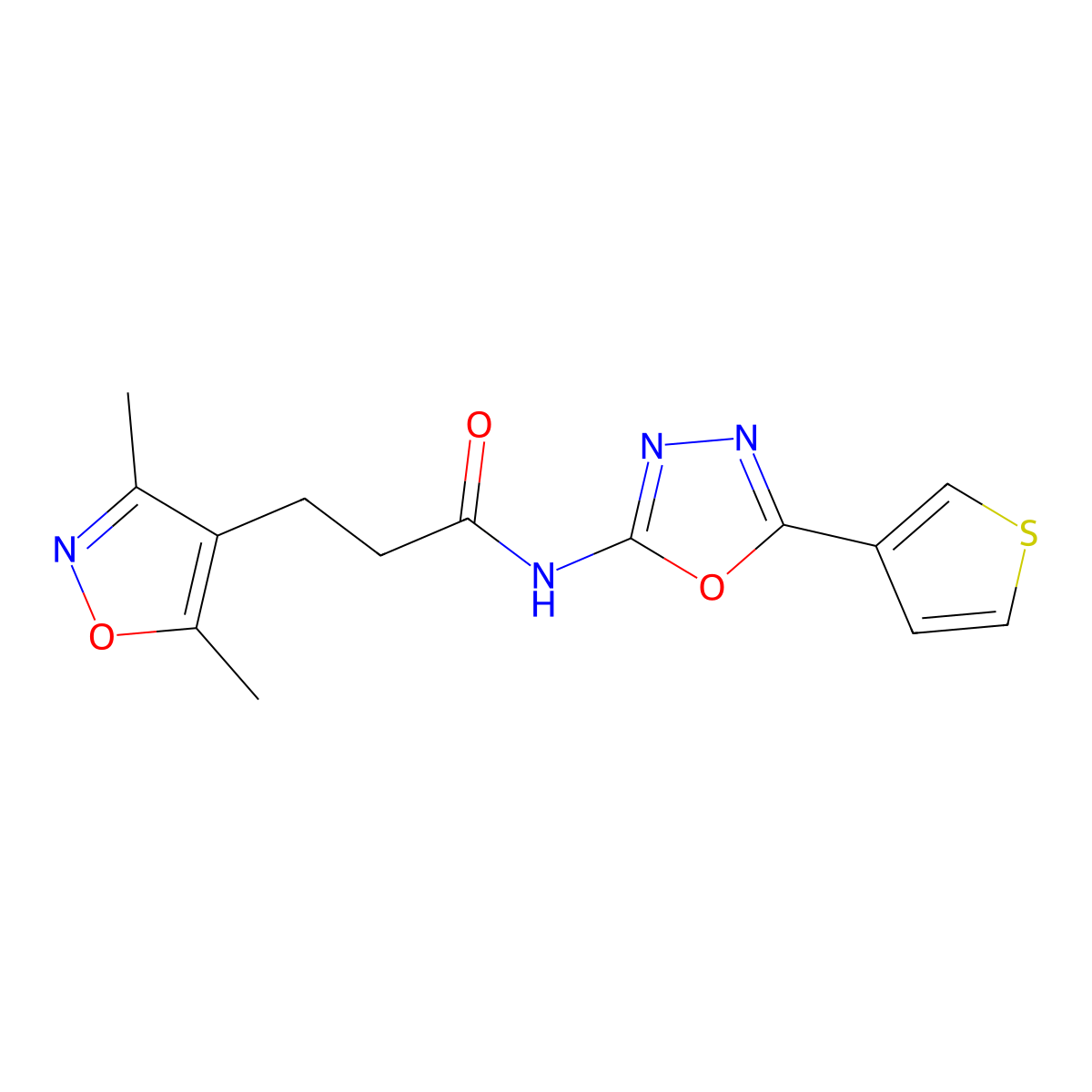 3-(3,5-dimethylisoxazol-4-yl)-N-(5-(thiophen-3-yl)-1,3,4-oxadiazol-2-yl)propanamide molecular structure, CAS 1286725-19-6