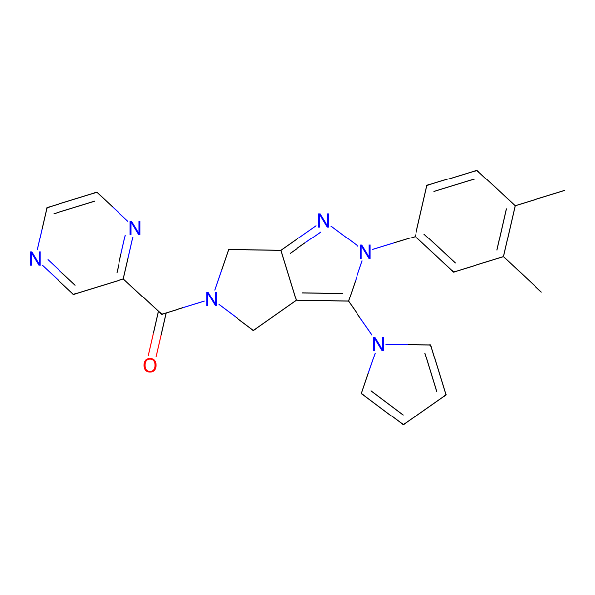 (2-(3,4-dimethylphenyl)-3-(1H-pyrrol-1-yl)pyrrolo[3,4-c]pyrazol-5(2H,4H,6H)-yl)(pyrazin-2-yl)methanone molecular structure, CAS 1286725-49-2