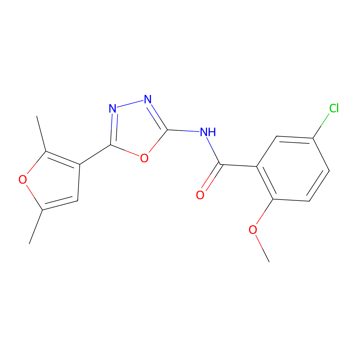 5-chloro-N-[5-(2,5-dimethylfuran-3-yl)-1,3,4-oxadiazol-2-yl]-2-methoxybenzamide molecular structure, CAS 1286725-54-9