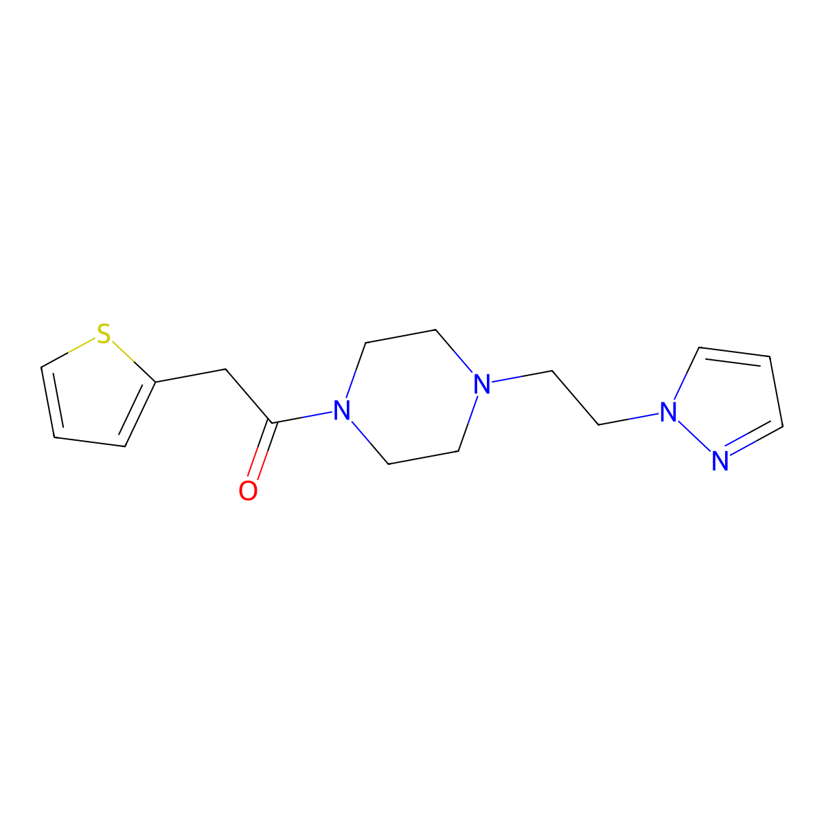 1-(4-(2-(1H-pyrazol-1-yl)ethyl)piperazin-1-yl)-2-(thiophen-2-yl)ethanone molecular structure, CAS 1286725-64-1