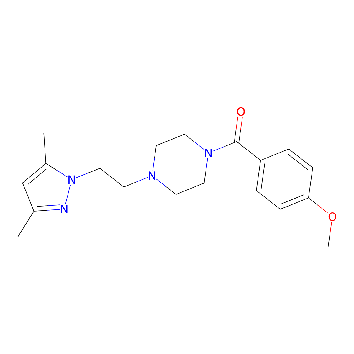 (4-(2-(3,5-dimethyl-1H-pyrazol-1-yl)ethyl)piperazin-1-yl)(4-methoxyphenyl)methanone molecular structure, CAS 1286725-78-7