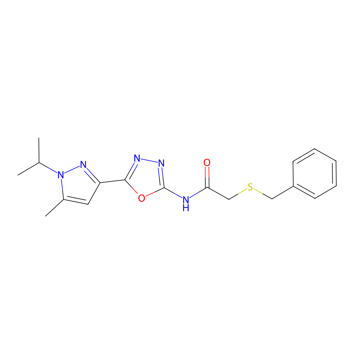 2-(benzylthio)-N-(5-(1-isopropyl-5-methyl-1H-pyrazol-3-yl)-1,3,4-oxadiazol-2-yl)acetamide molecular structure, CAS 1286725-79-8