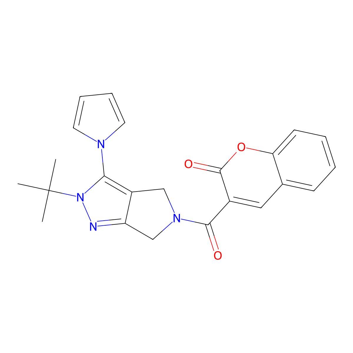 3-(2-(tert-butyl)-3-(1H-pyrrol-1-yl)-2,4,5,6-tetrahydropyrrolo[3,4-c]pyrazole-5-carbonyl)-2H-chromen-2-one molecular structure, CAS 1286725-81-2