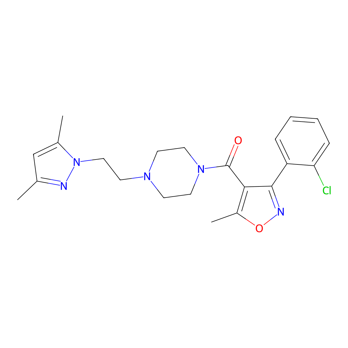 (3-(2-chlorophenyl)-5-methylisoxazol-4-yl)(4-(2-(3,5-dimethyl-1H-pyrazol-1-yl)ethyl)piperazin-1-yl)methanone molecular structure, CAS 1286725-82-3