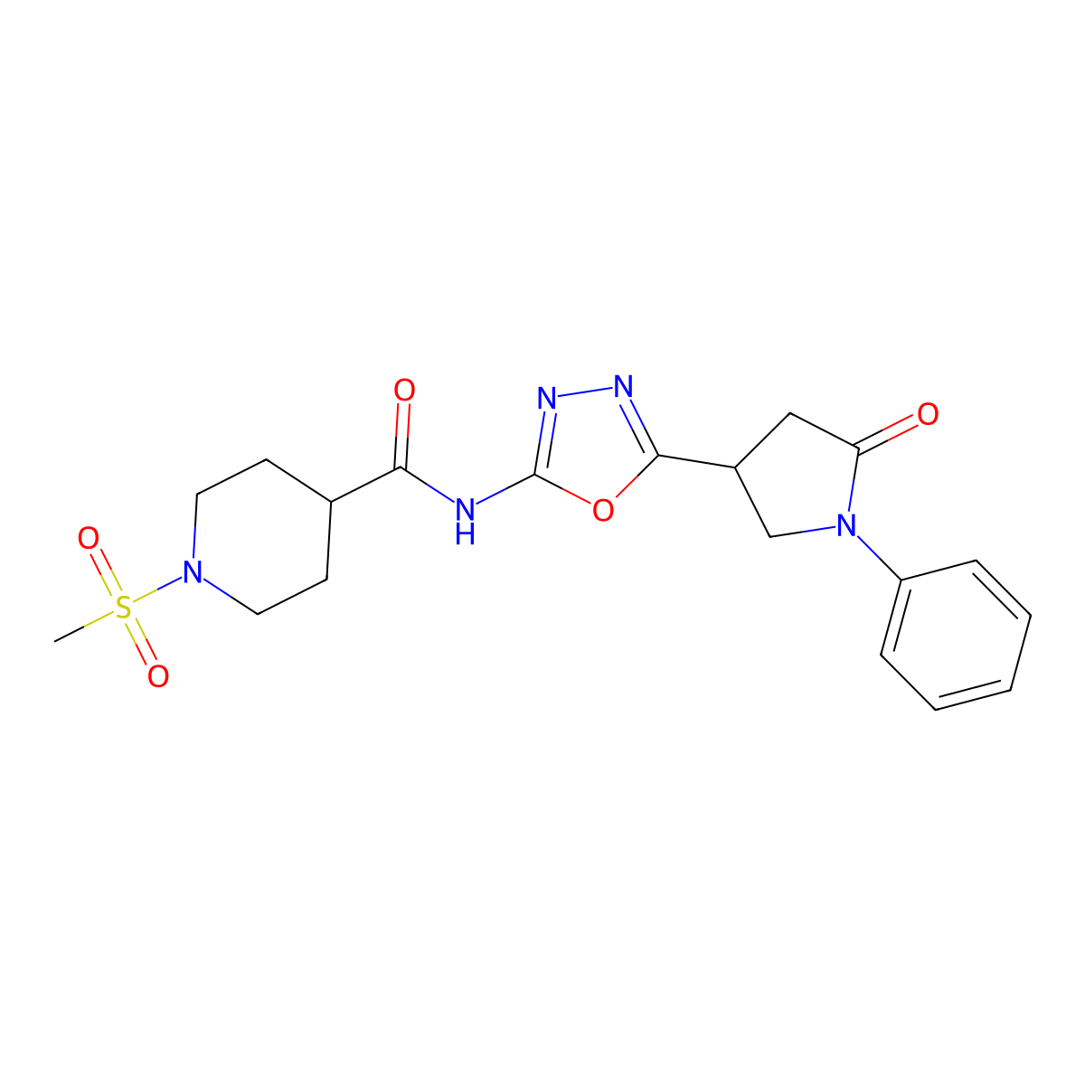 1-(methylsulfonyl)-N-(5-(5-oxo-1-phenylpyrrolidin-3-yl)-1,3,4-oxadiazol-2-yl)piperidine-4-carboxamide molecular structure, CAS 1286725-84-5