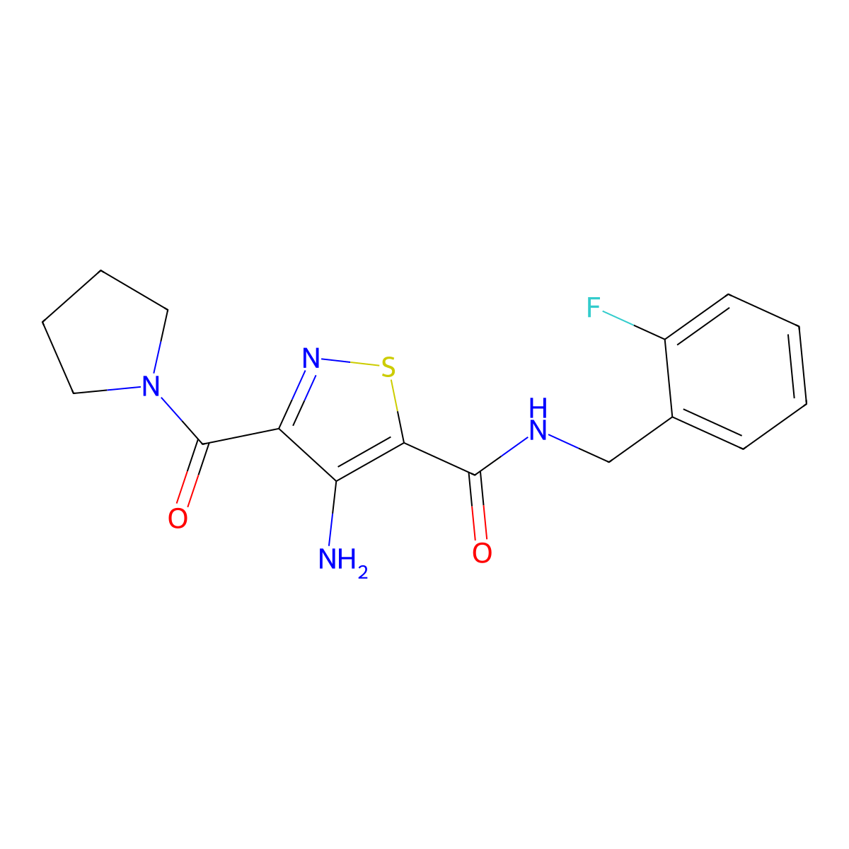 4-amino-N-(2-fluorobenzyl)-3-(pyrrolidine-1-carbonyl)isothiazole-5-carboxamide molecular structure, CAS 1286726-10-0