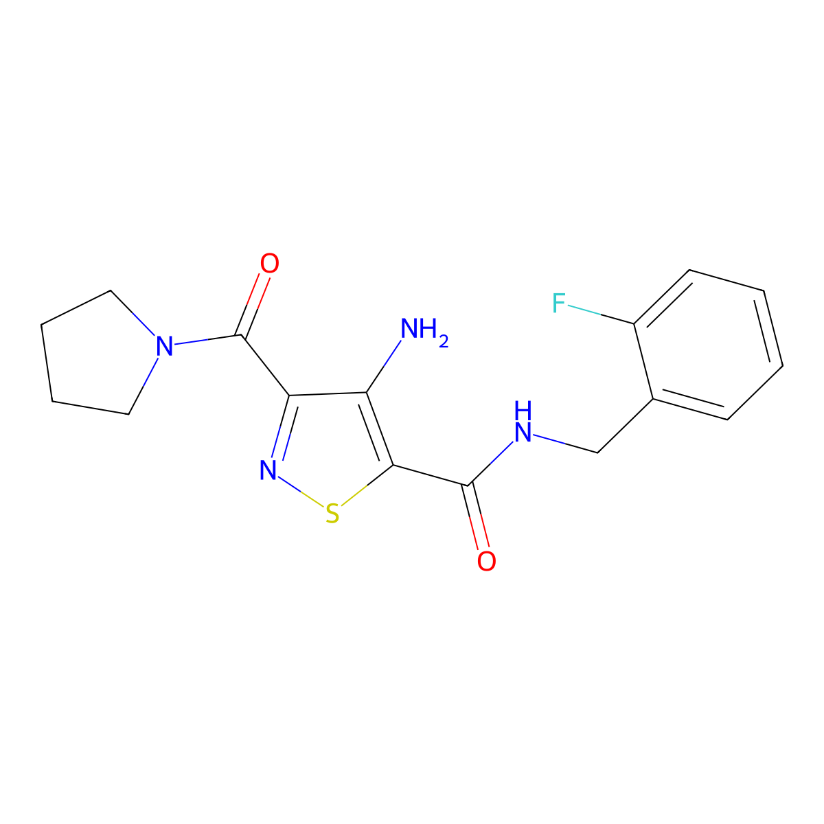 4-amino-N-(2-fluorobenzyl)-3-(pyrrolidine-1-carbonyl)isothiazole-5-carboxamide molecular structure, CAS 1286726-10-0