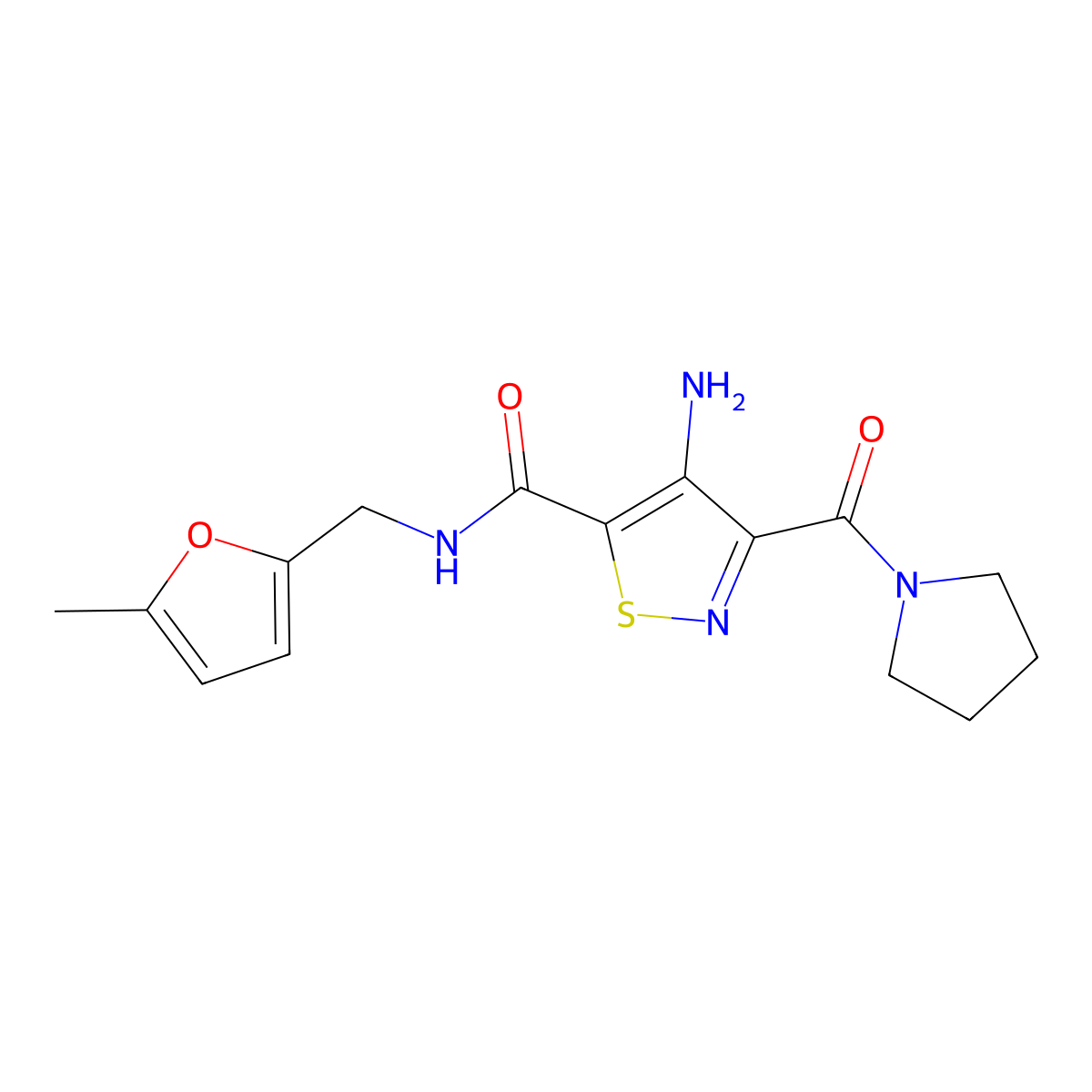 4-amino-N-((5-methylfuran-2-yl)methyl)-3-(pyrrolidine-1-carbonyl)isothiazole-5-carboxamide molecular structure, CAS 1286726-13-3