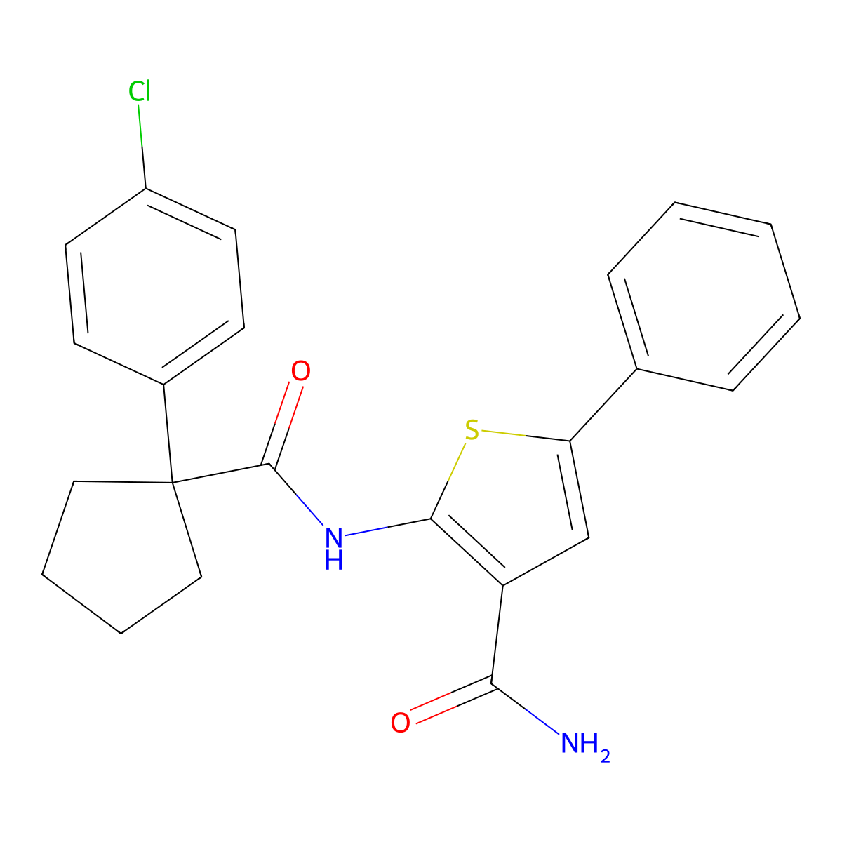 2-(1-(4-Chlorophenyl)cyclopentanecarboxamido)-5-phenylthiophene-3-carboxamide molecular structure, CAS 1286726-19-9