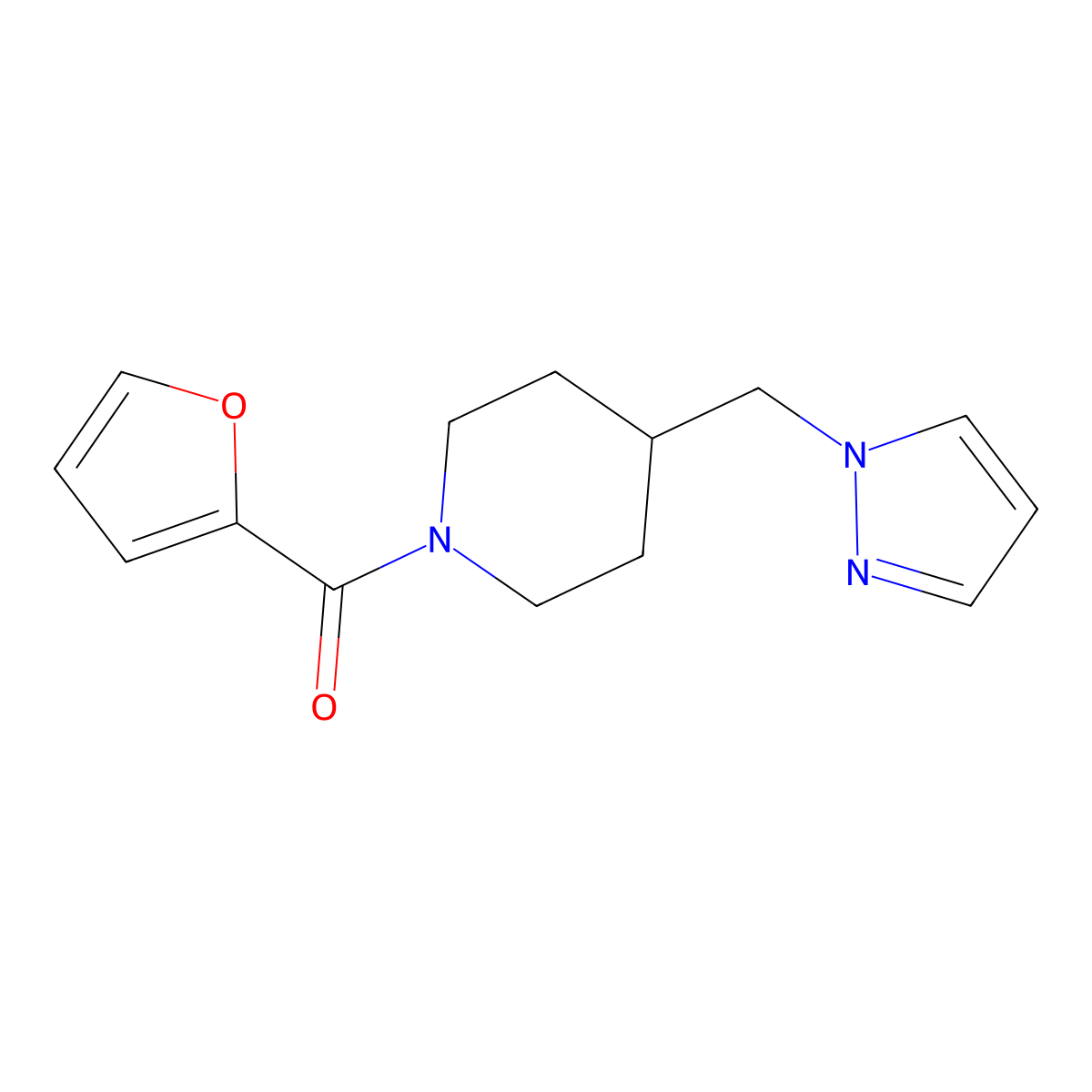 (4-((1H-pyrazol-1-yl)methyl)piperidin-1-yl)(furan-2-yl)methanone molecular structure, CAS 1286726-30-4