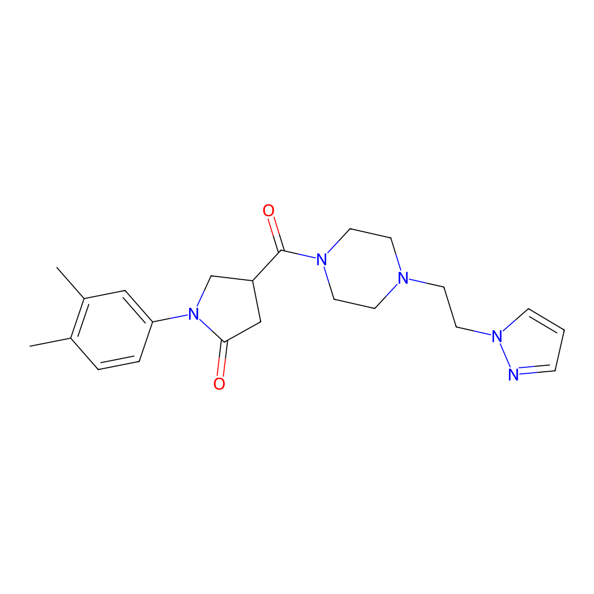 4-(4-(2-(1H-pyrazol-1-yl)ethyl)piperazine-1-carbonyl)-1-(3,4-dimethylphenyl)pyrrolidin-2-one molecular structure, CAS 1286726-50-8