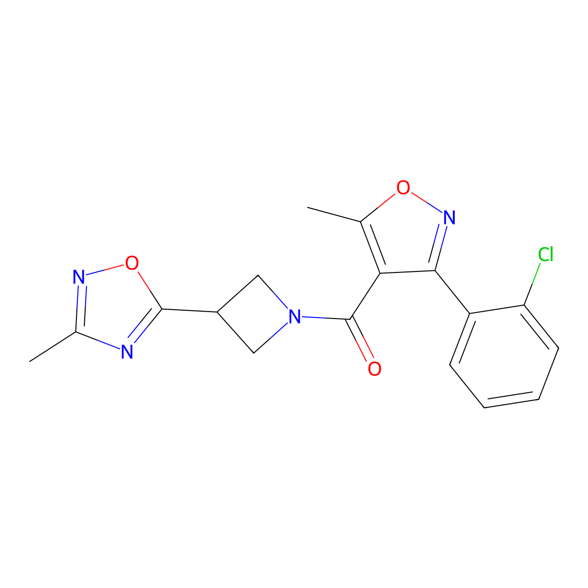 (3-(2-Chlorophenyl)-5-methylisoxazol-4-yl)(3-(3-methyl-1,2,4-oxadiazol-5-yl)azetidin-1-yl)methanone molecular structure, CAS 1286726-64-4