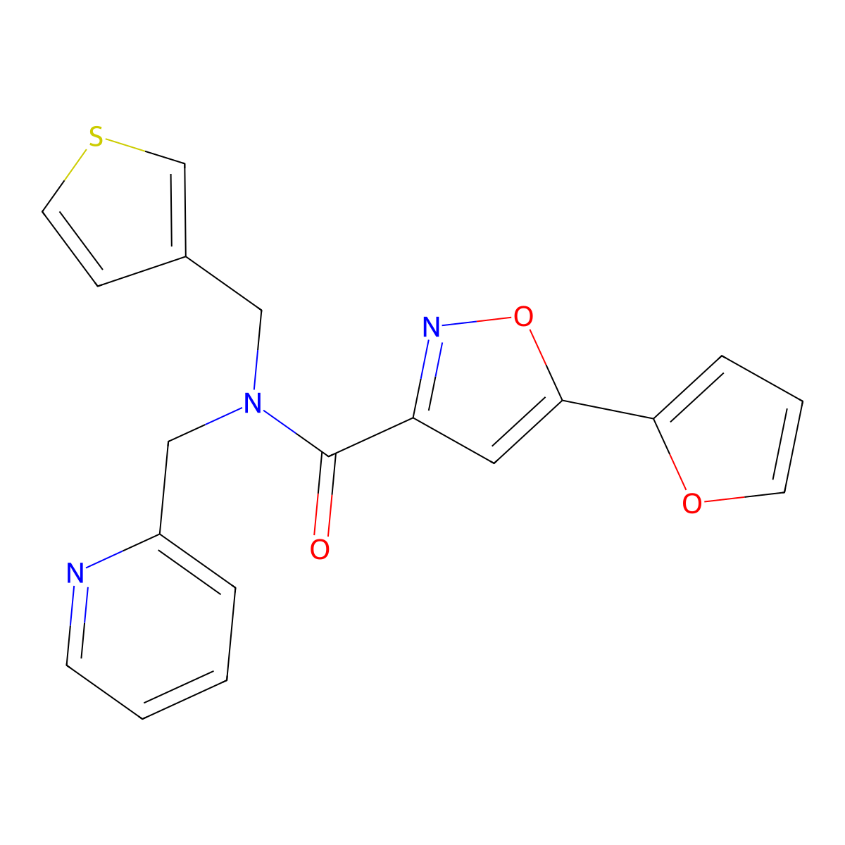5-(furan-2-yl)-N-(pyridin-2-ylmethyl)-N-(thiophen-3-ylmethyl)isoxazole-3-carboxamide molecular structure, CAS 1286726-92-8