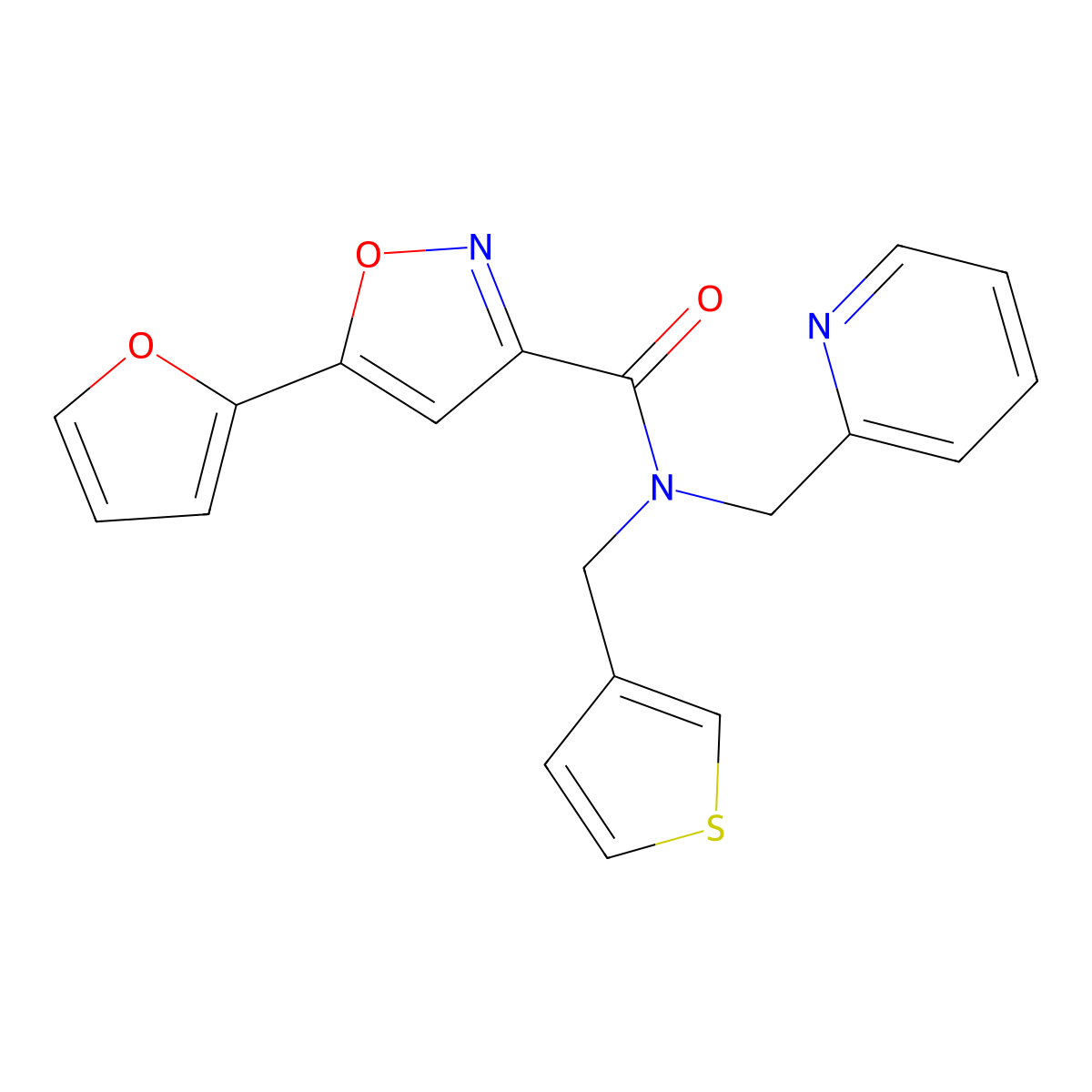 5-(furan-2-yl)-N-(pyridin-2-ylmethyl)-N-(thiophen-3-ylmethyl)isoxazole-3-carboxamide molecular structure, CAS 1286726-92-8
