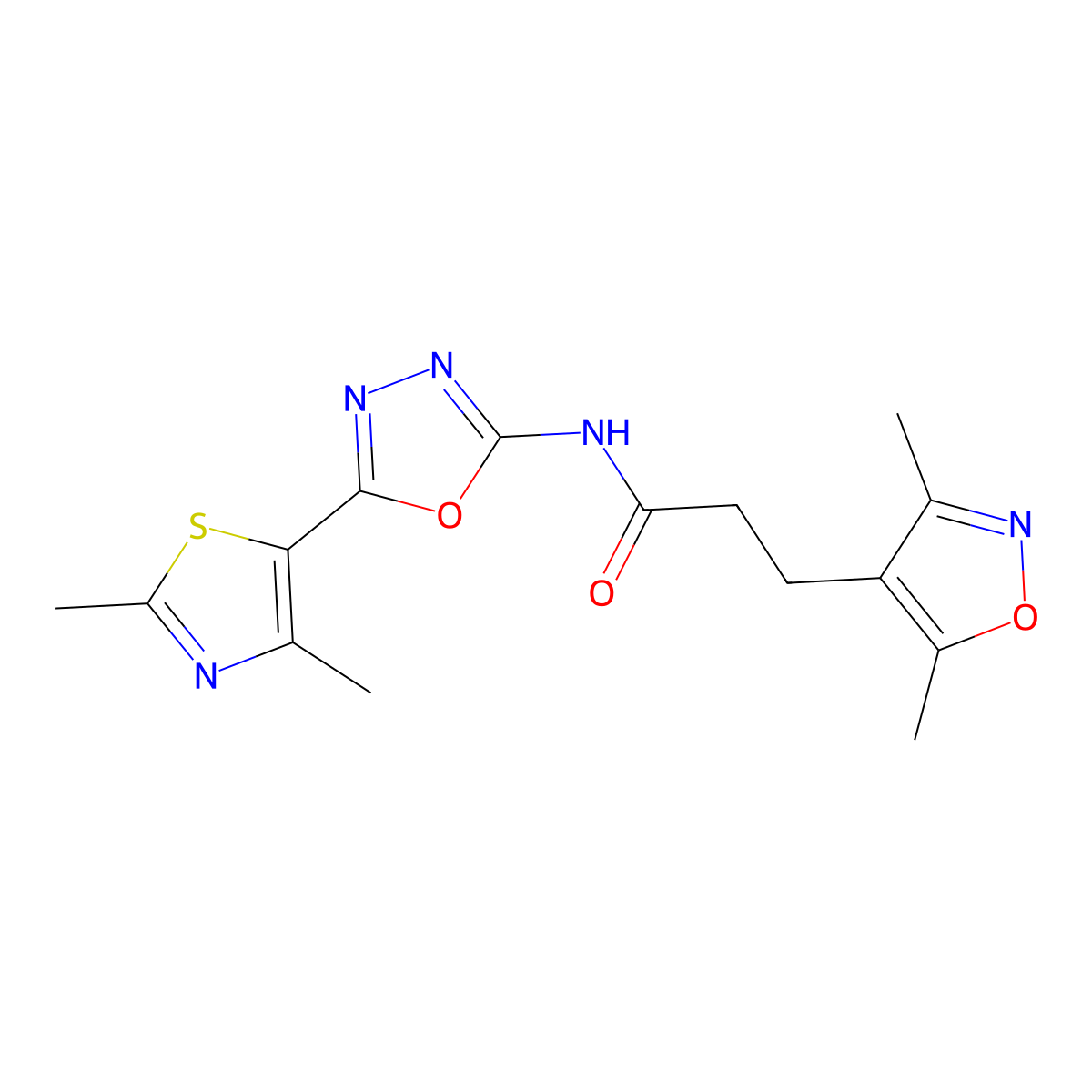 3-(3,5-dimethylisoxazol-4-yl)-N-(5-(2,4-dimethylthiazol-5-yl)-1,3,4-oxadiazol-2-yl)propanamide molecular structure, CAS 1286726-96-2