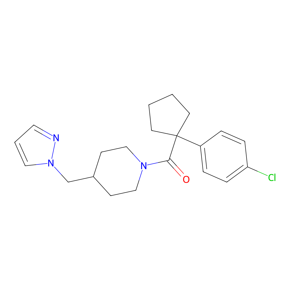 (4-((1H-pyrazol-1-yl)methyl)piperidin-1-yl)(1-(4-chlorophenyl)cyclopentyl)methanone molecular structure, CAS 1286727-15-8