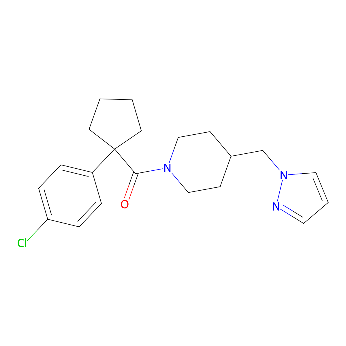 (4-((1H-pyrazol-1-yl)methyl)piperidin-1-yl)(1-(4-chlorophenyl)cyclopentyl)methanone molecular structure, CAS 1286727-15-8