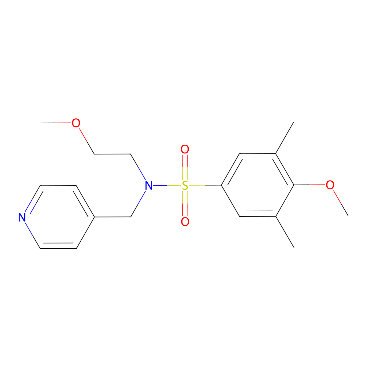 4-methoxy-N-(2-methoxyethyl)-3,5-dimethyl-N-(pyridin-4-ylmethyl)benzenesulfonamide molecular structure, CAS 1286727-22-7
