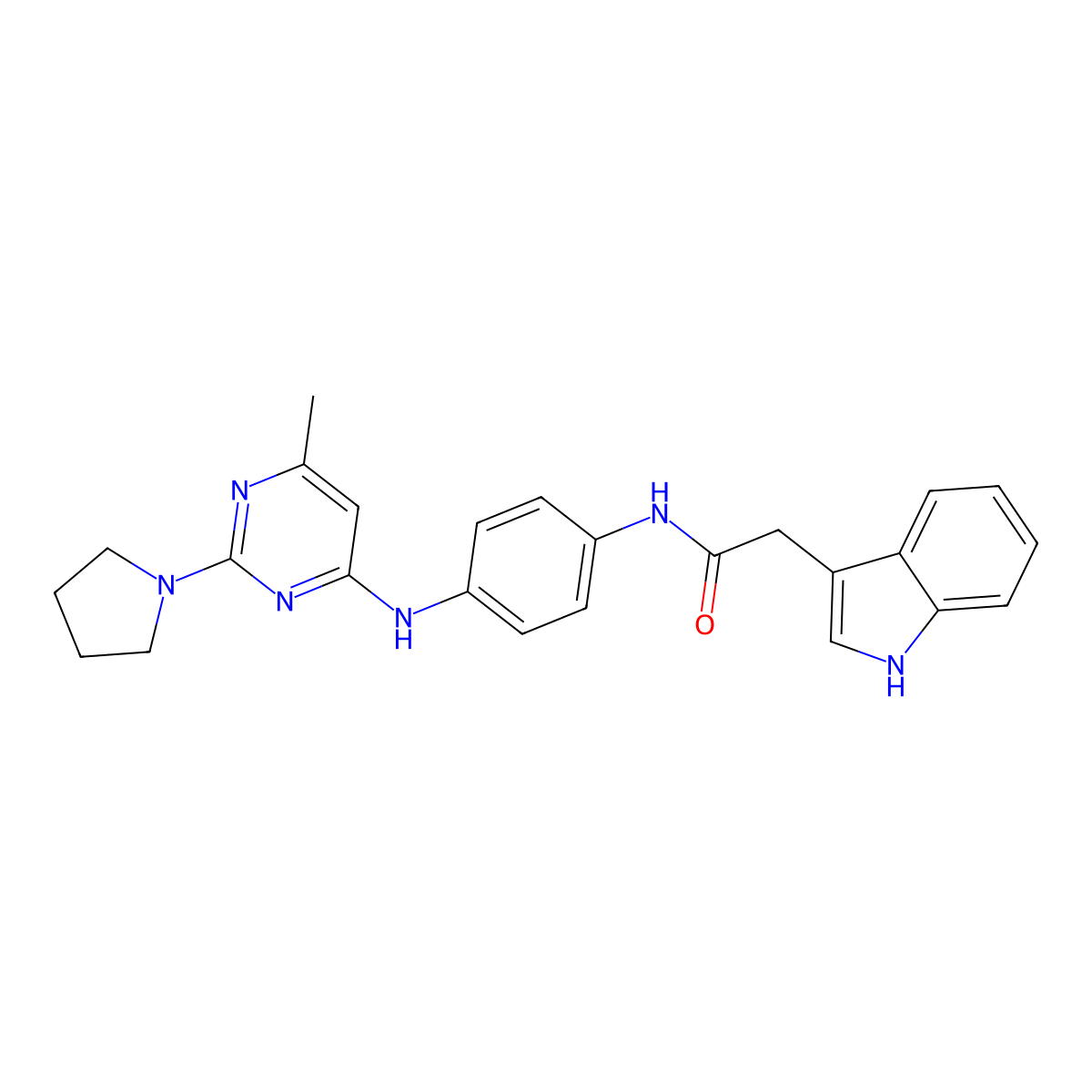 2-(1H-indol-3-yl)-N-(4-{[6-methyl-2-(pyrrolidin-1-yl)pyrimidin-4-yl]amino}phenyl)acetamide molecular structure, CAS 1286727-46-5