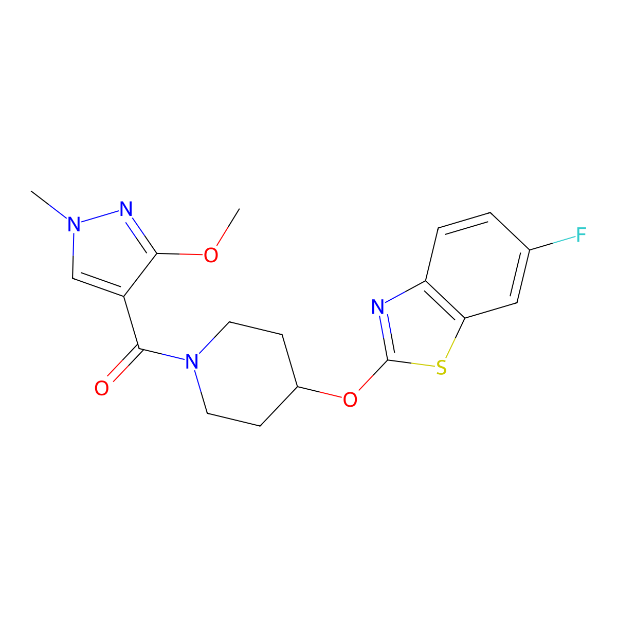 (4-((6-fluorobenzo[d]thiazol-2-yl)oxy)piperidin-1-yl)(3-methoxy-1-methyl-1H-pyrazol-4-yl)methanone molecular structure, CAS 1286727-54-5