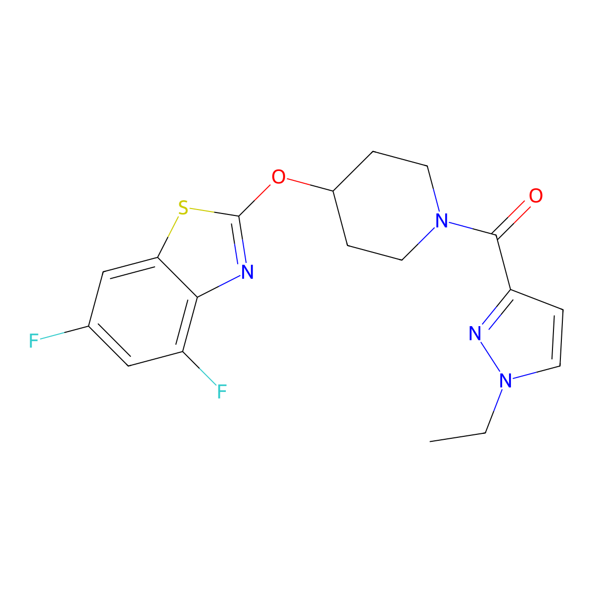 (4-((4,6-difluorobenzo[d]thiazol-2-yl)oxy)piperidin-1-yl)(1-ethyl-1H-pyrazol-3-yl)methanone molecular structure, CAS 1286727-58-9