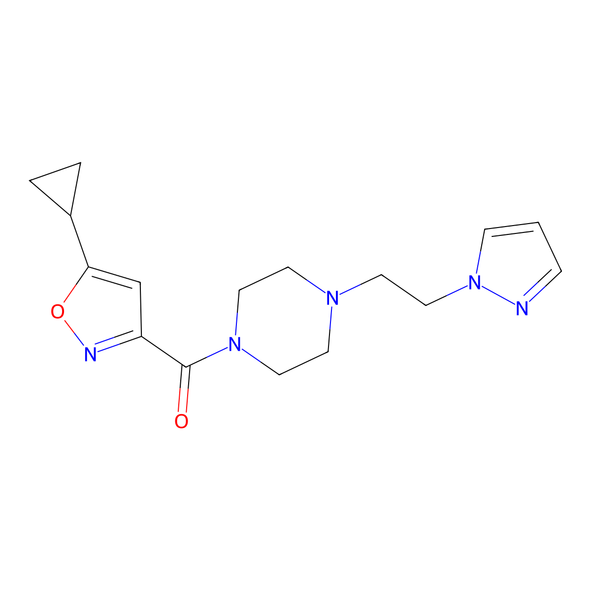 (4-(2-(1H-pyrazol-1-yl)ethyl)piperazin-1-yl)(5-cyclopropylisoxazol-3-yl)methanone molecular structure, CAS 1286727-66-9