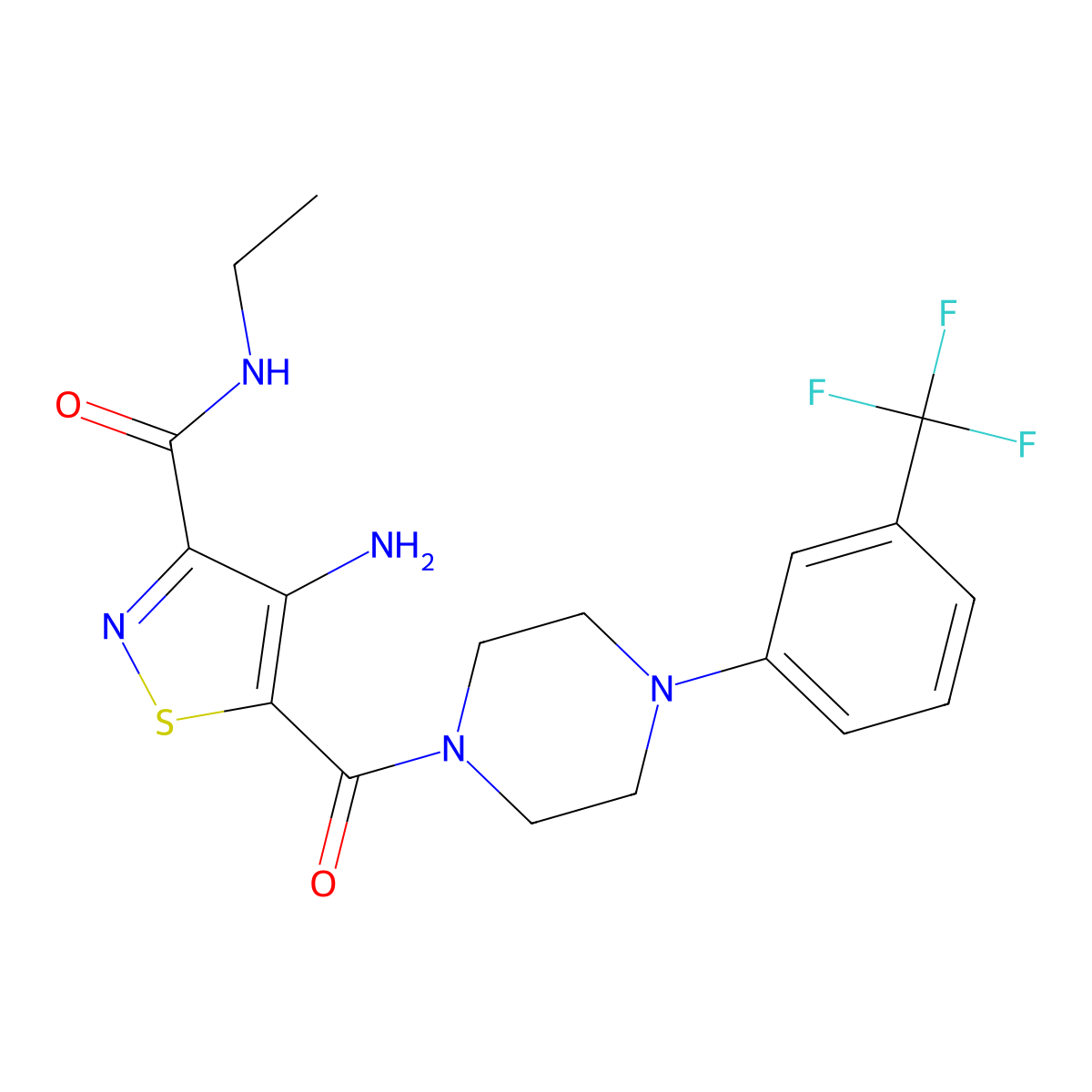 4-amino-N-ethyl-5-(4-(3-(trifluoromethyl)phenyl)piperazine-1-carbonyl)isothiazole-3-carboxamide molecular structure, CAS 1286727-69-2