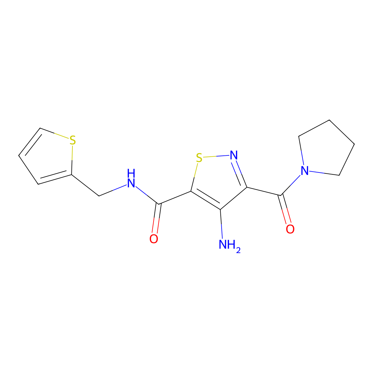 4-amino-3-(pyrrolidine-1-carbonyl)-N-(thiophen-2-ylmethyl)isothiazole-5-carboxamide molecular structure, CAS 1286727-75-0
