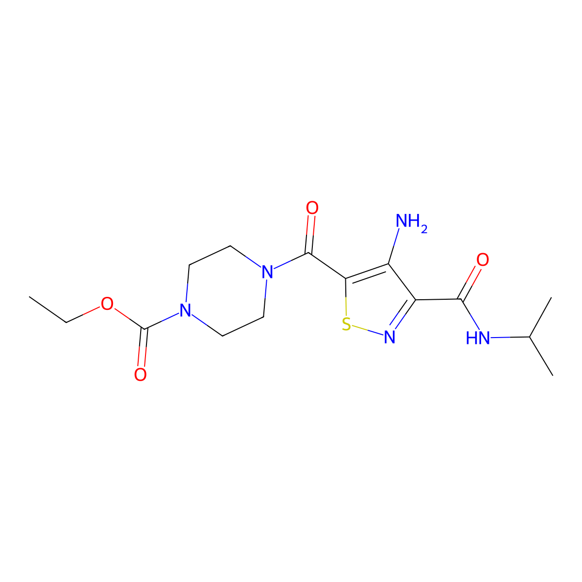 Ethyl 4-(4-amino-3-(isopropylcarbamoyl)isothiazole-5-carbonyl)piperazine-1-carboxylate molecular structure, CAS 1286727-97-6