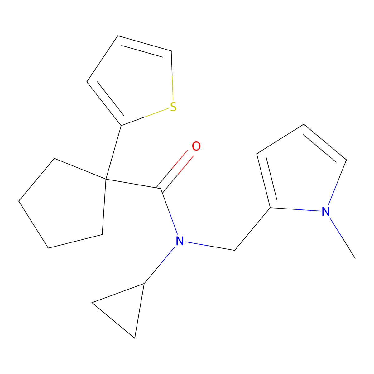 N-cyclopropyl-N-((1-methyl-1H-pyrrol-2-yl)methyl)-1-(thiophen-2-yl)cyclopentanecarboxamide molecular structure, CAS 1286728-00-4