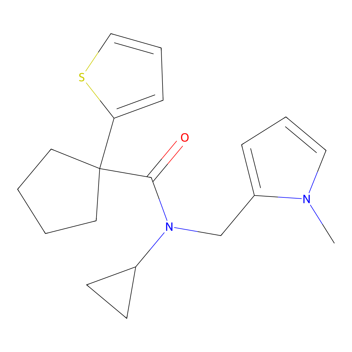 N-cyclopropyl-N-((1-methyl-1H-pyrrol-2-yl)methyl)-1-(thiophen-2-yl)cyclopentanecarboxamide molecular structure, CAS 1286728-00-4