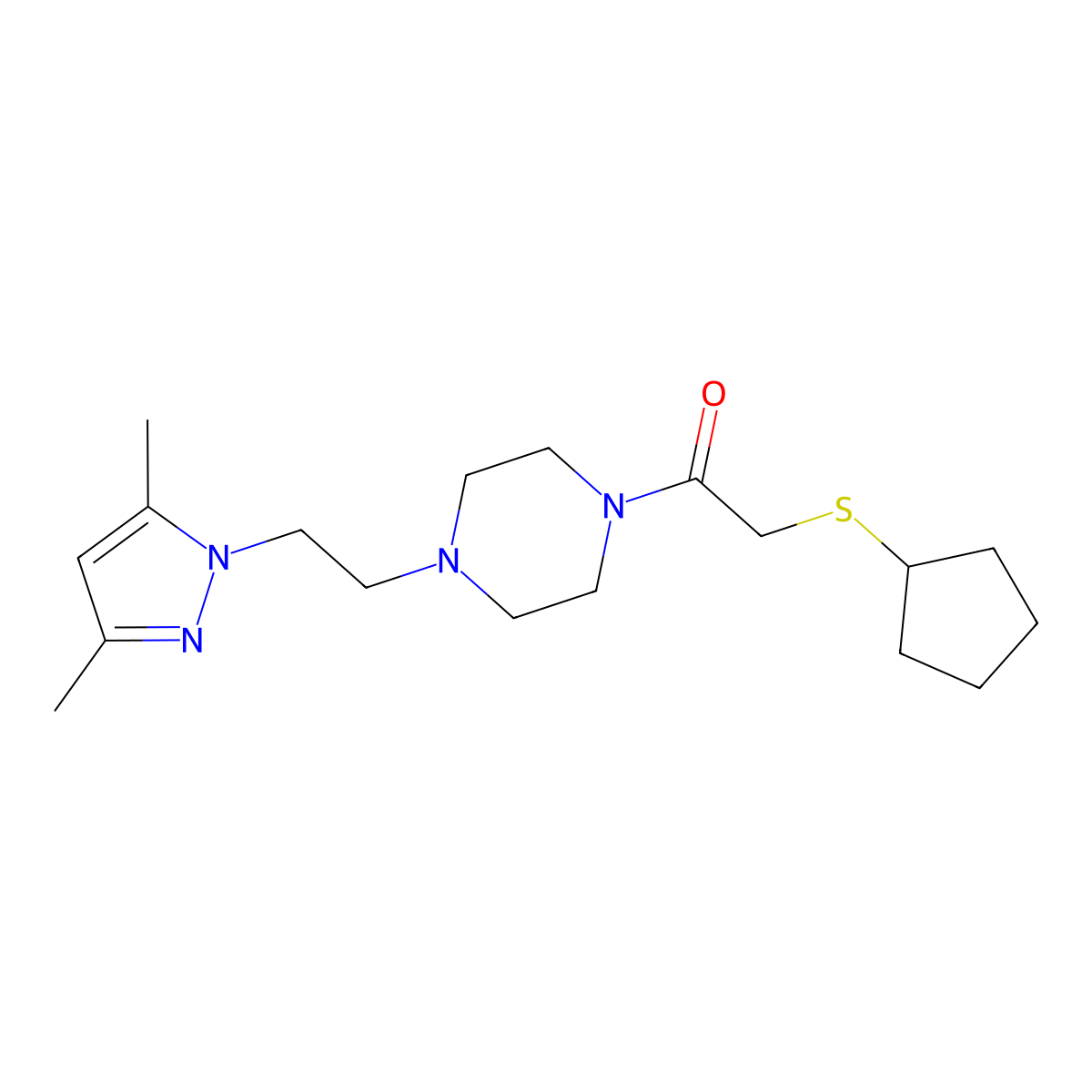 2-(cyclopentylthio)-1-(4-(2-(3,5-dimethyl-1H-pyrazol-1-yl)ethyl)piperazin-1-yl)ethanone molecular structure, CAS 1286728-11-7