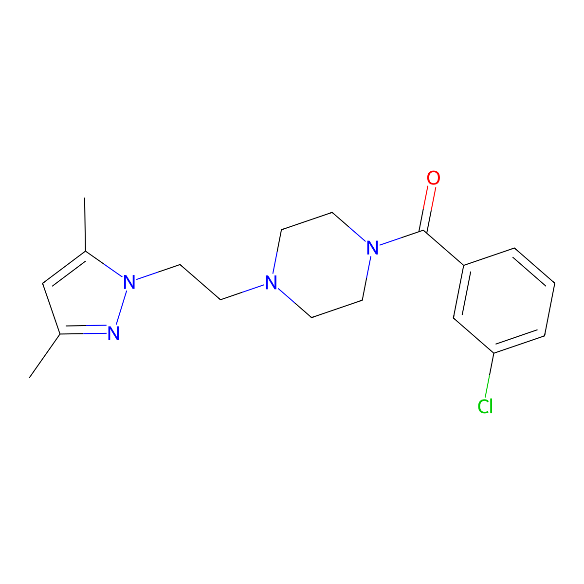 (3-chlorophenyl)(4-(2-(3,5-dimethyl-1H-pyrazol-1-yl)ethyl)piperazin-1-yl)methanone molecular structure, CAS 1286728-13-9