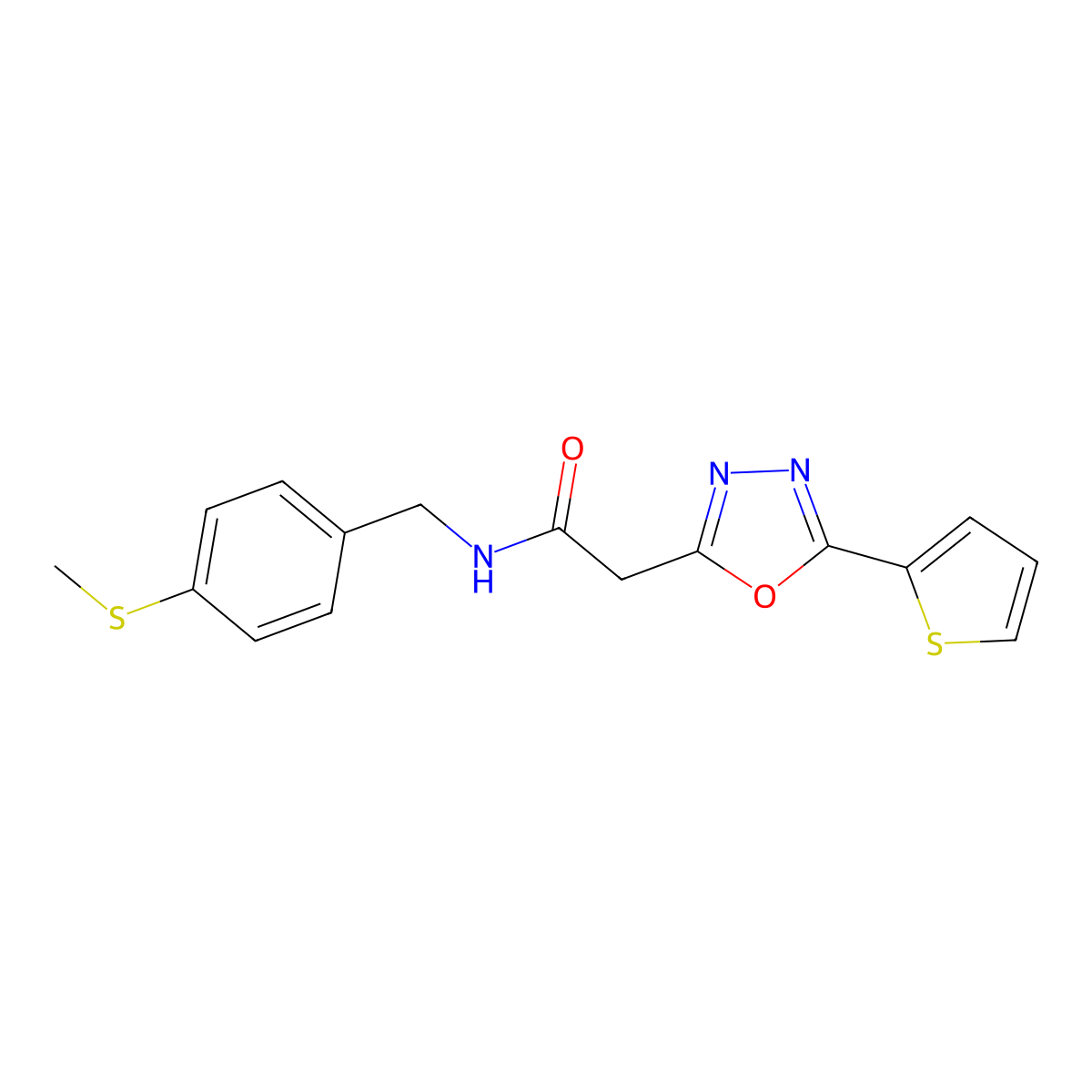 N-{[4-(methylsulfanyl)phenyl]methyl}-2-[5-(thiophen-2-yl)-1,3,4-oxadiazol-2-yl]acetamide molecular structure, CAS 1286728-39-9