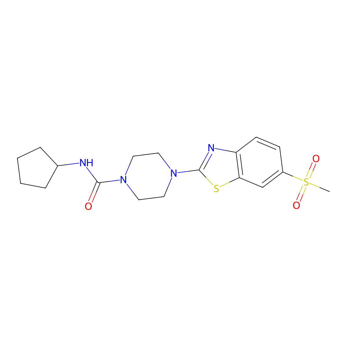 N-cyclopentyl-4-(6-(methylsulfonyl)benzo[d]thiazol-2-yl)piperazine-1-carboxamide molecular structure, CAS 1286728-58-2