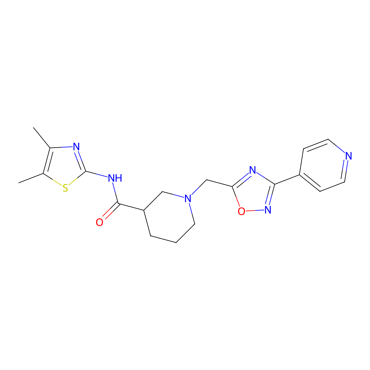 N-(4,5-dimethylthiazol-2-yl)-1-((3-(pyridin-4-yl)-1,2,4-oxadiazol-5-yl)methyl)piperidine-3-carboxamide molecular structure, CAS 1286728-65-1
