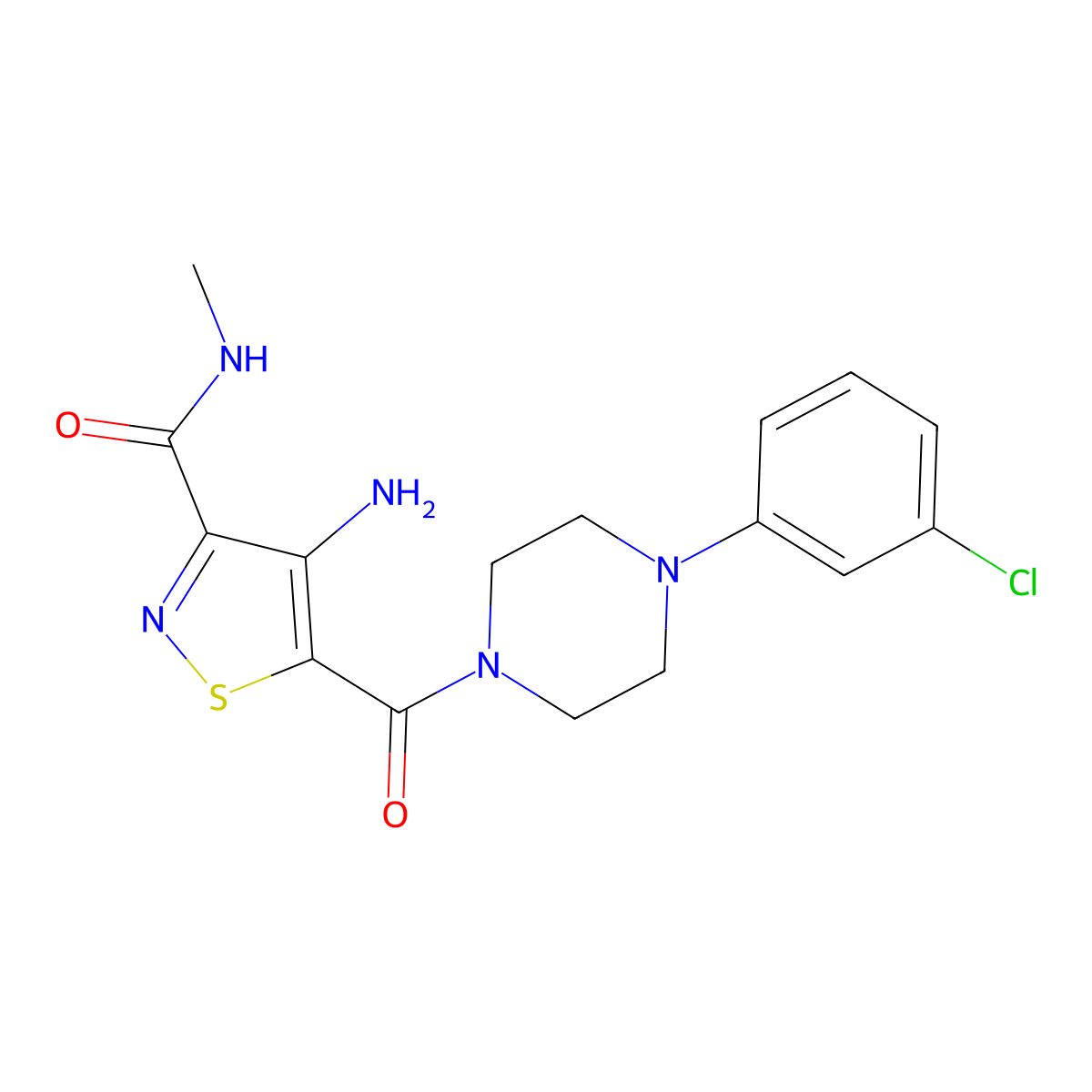 4-amino-5-(4-(3-chlorophenyl)piperazine-1-carbonyl)-N-methylisothiazole-3-carboxamide molecular structure, CAS 1286728-66-2