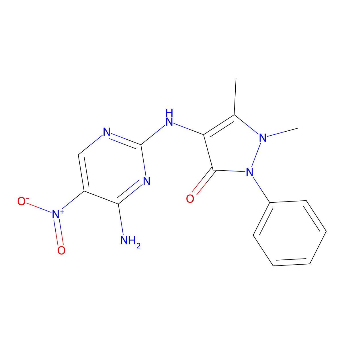 4-((4-amino-5-nitropyrimidin-2-yl)amino)-1,5-dimethyl-2-phenyl-1H-pyrazol-3(2H)-one molecular structure, CAS 1286728-71-9